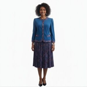 Vintage J.F. Royal Blue Soft Paisley Skirt & Cardigan Set Size 16P